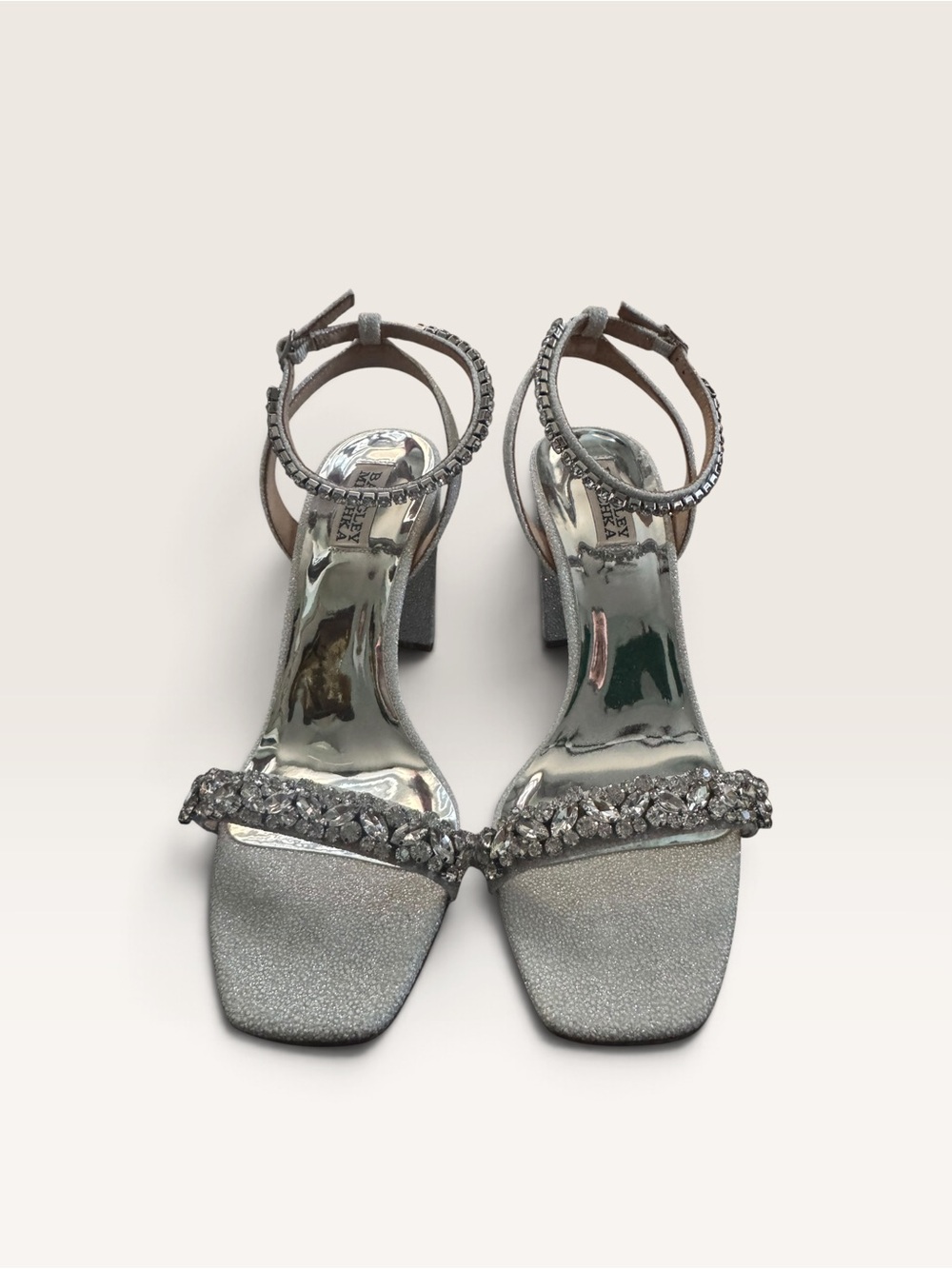 Badgley Mischka Tasmine Crystal Block Heel Sandals White Size 8.5